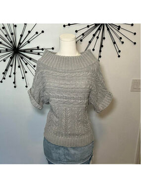 Express Gray Cable Knit Sweater Off Shoulder Short Sleeve Chunky Knit Top S